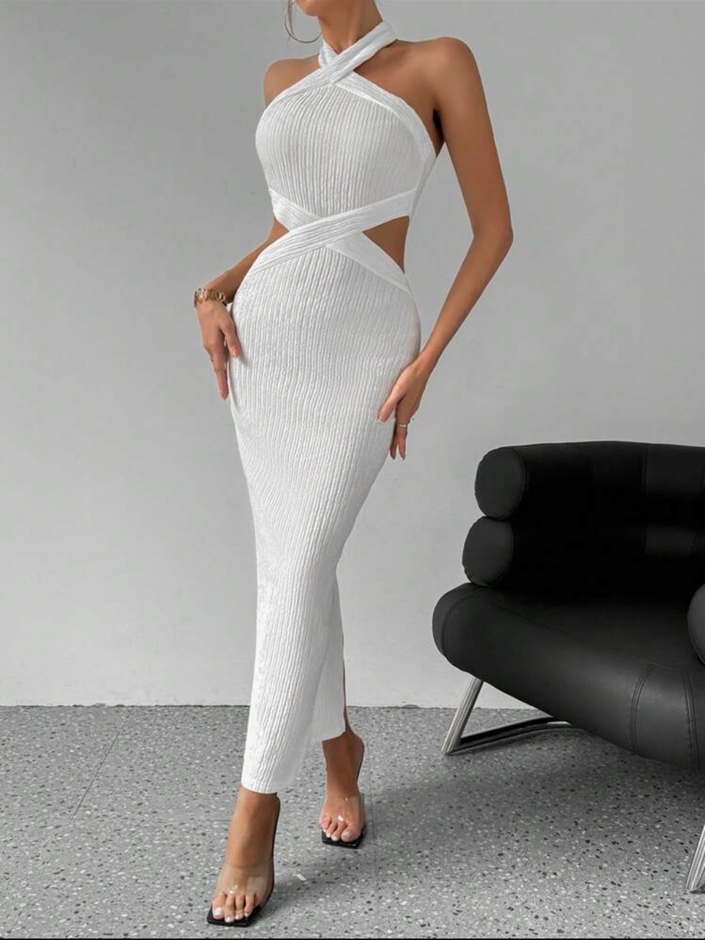 SHEIN White Ribbed Cross-Neck Cutout Maxi Dress